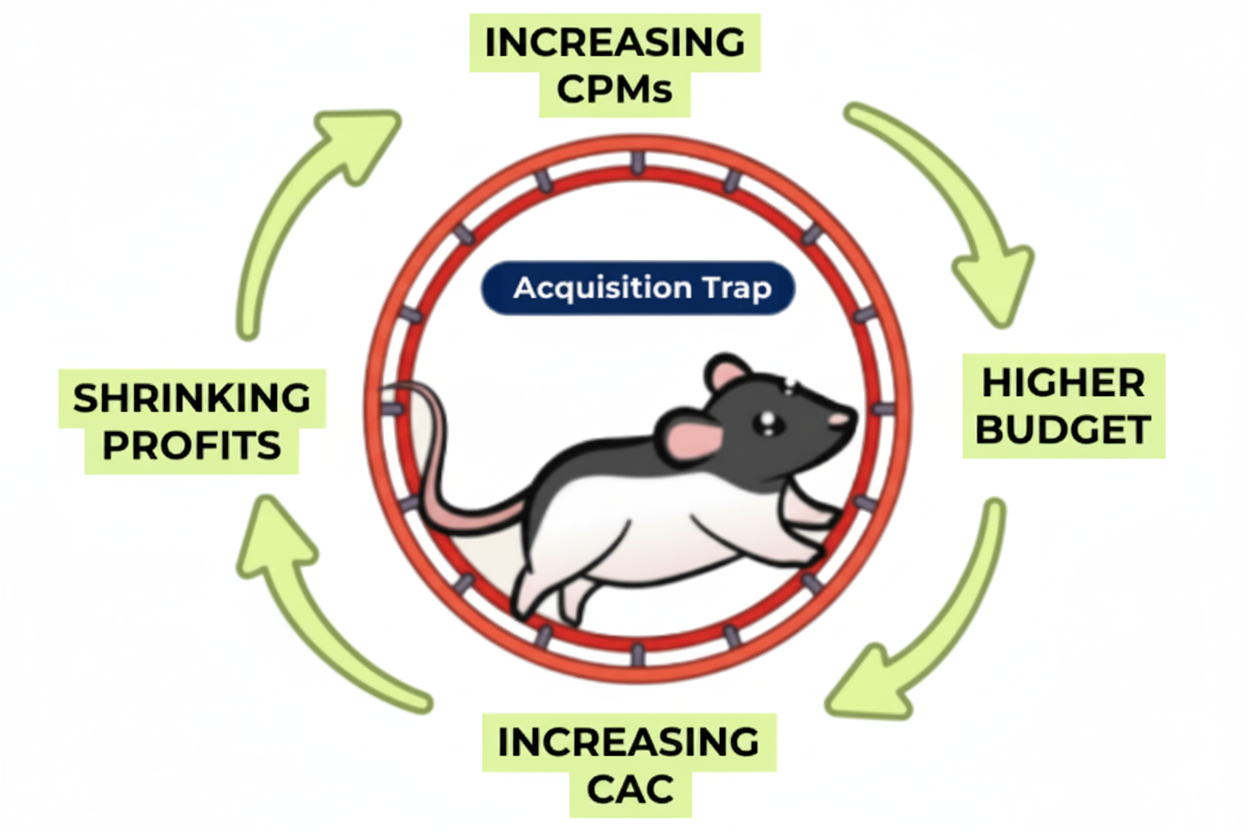 Acquisition Trap Cycle showing increasing CPMs, higher budget, increasing CAC, and shrinking profits